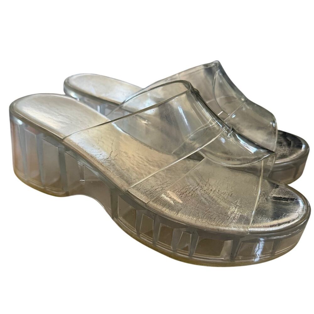 Jeffrey Campbell Jelli Clear Chunky Silver Metallic Platform Slides Y2K